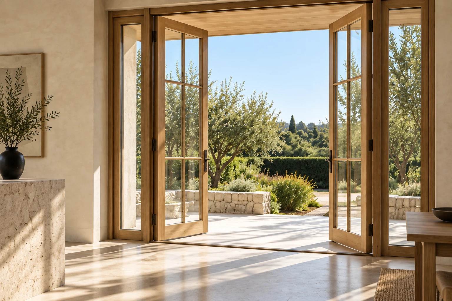 Timber framed glazing in natural light